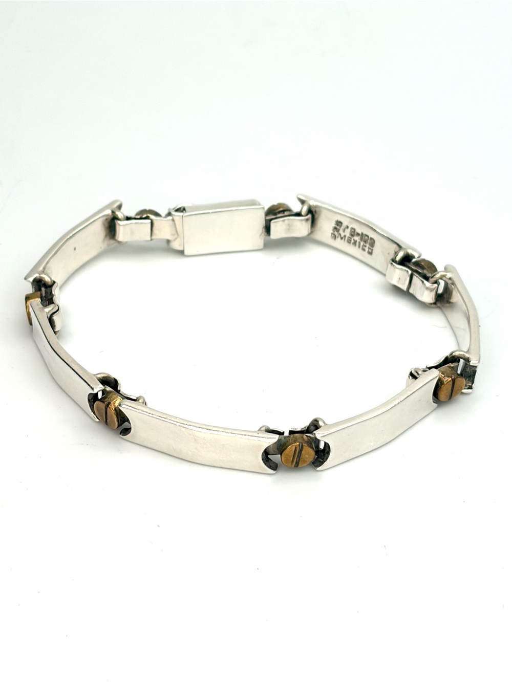 Vintage Taxco Mexico Sterling Silver Two-Tone Screw Accent Bracelet 7.5” B-122